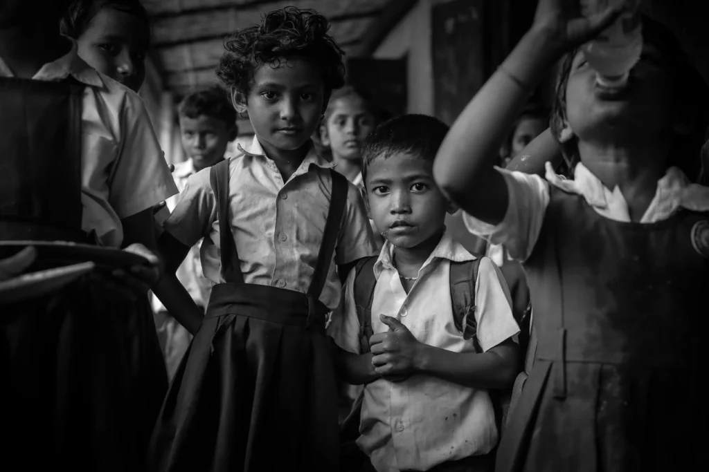 group-children-school-uniform-stand-hallway